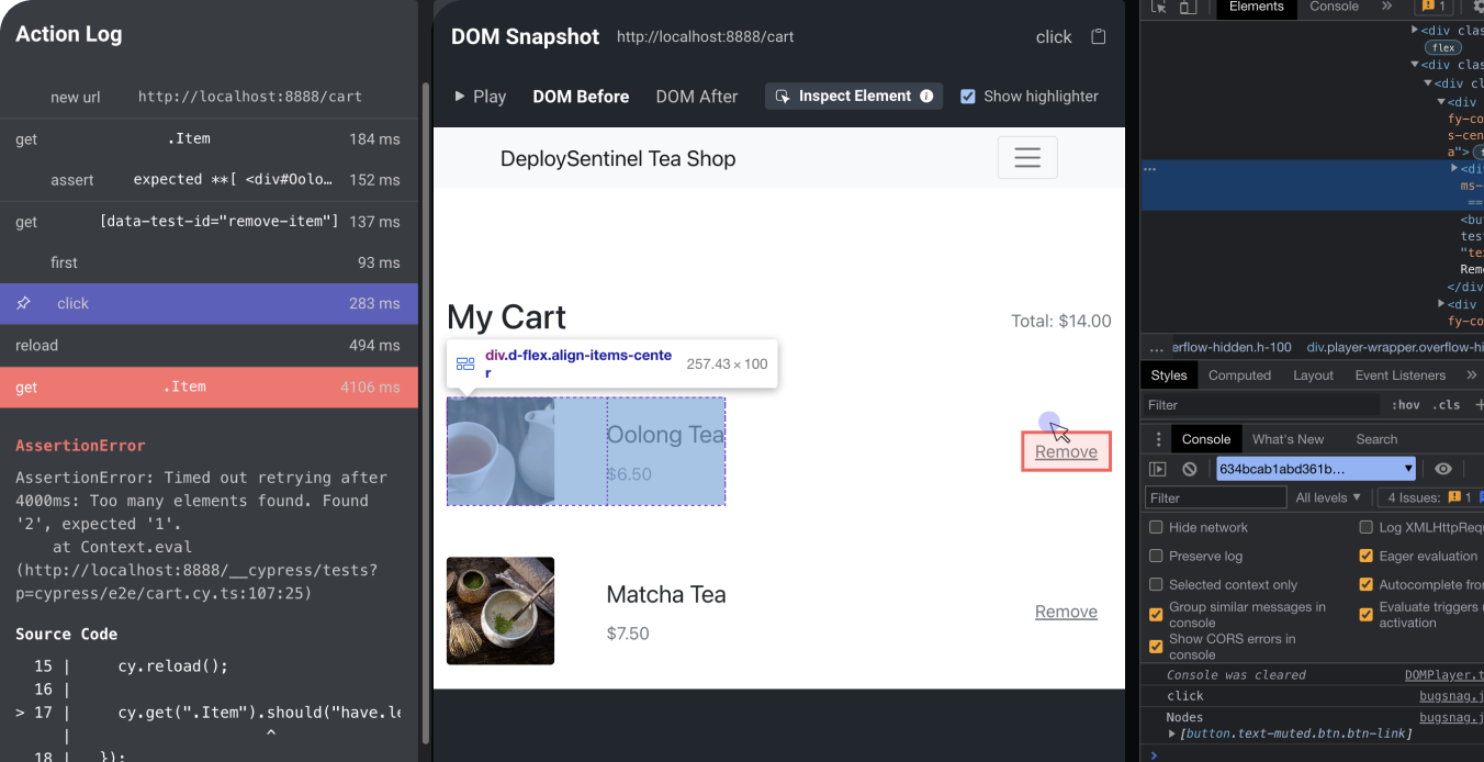 Using a browser inspect element tool to inspect DOM snapshots